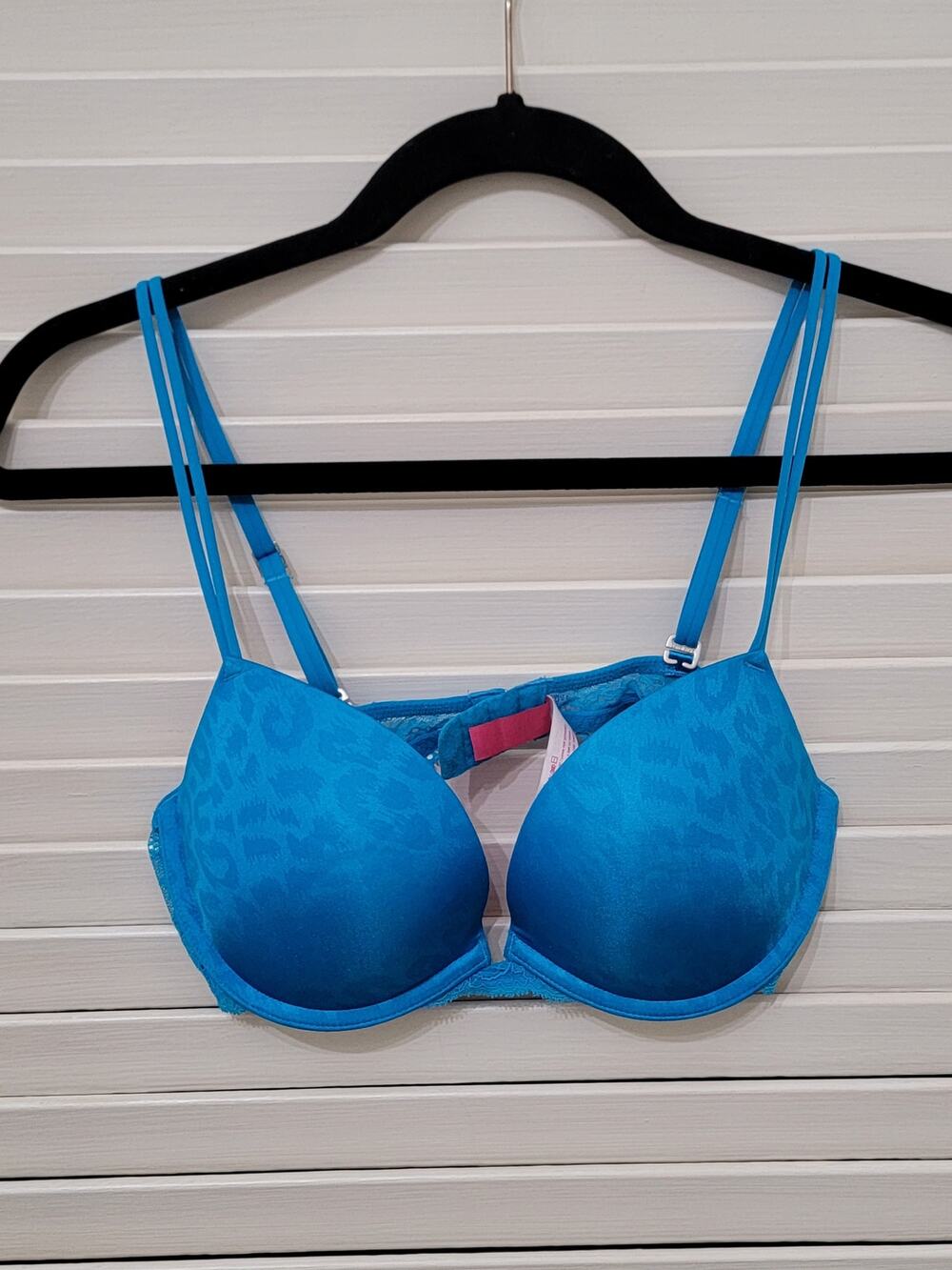 Victoria's Secret Pink Push Up Plunge Bra 34 C Teal on Teal Leopard Print Lace